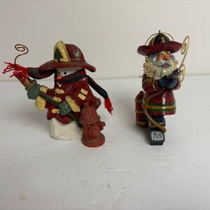 Festive Firefighter Snowman Figurine and Santa Firefighter Ornament